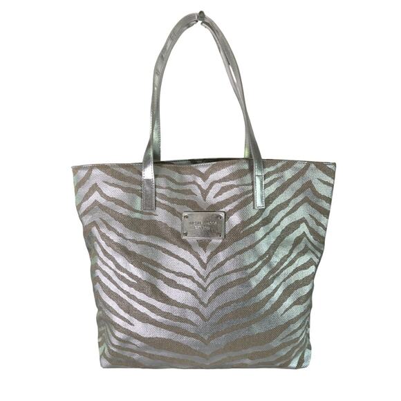 Michael Kors Silver Zebra Tote Bag Metallic Canvas Large Shoulder Purse - Picture 1 of 12